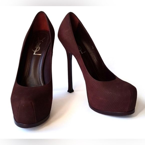 YSL Burgundy Pebbled Leather Platform Heels - Picture 2 of 13